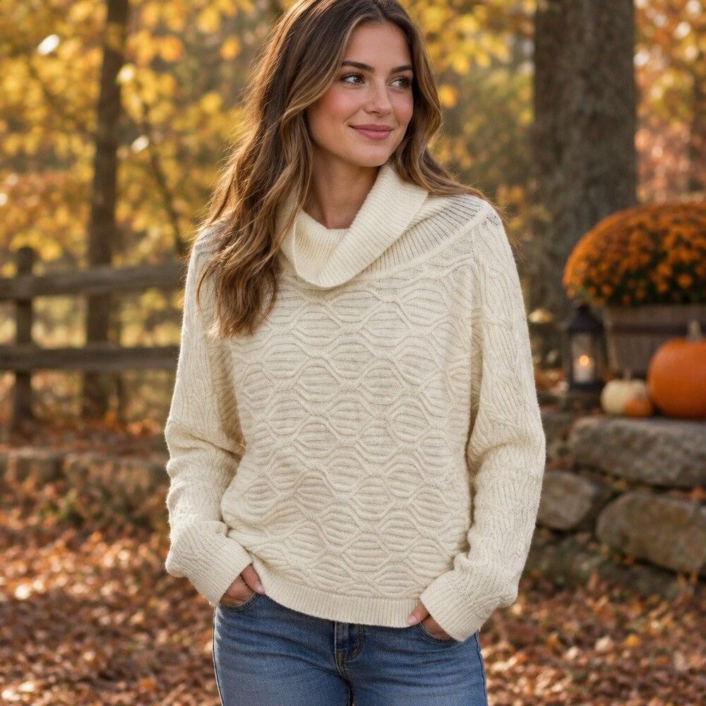 Cyrus Women’s XS Ivory Textured Turtleneck Sweater Geometric Knit Cozy Oversized